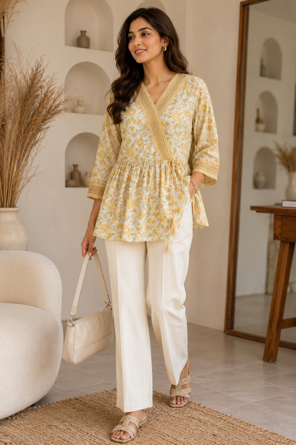 Golden Bloom Pure Cotton Wrap Style Top