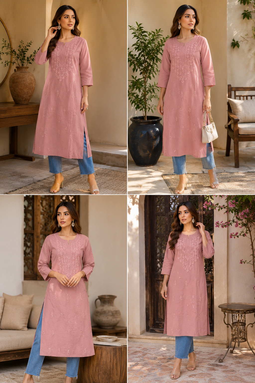 Blush Pink Pure Cotton Embroidered Kurti