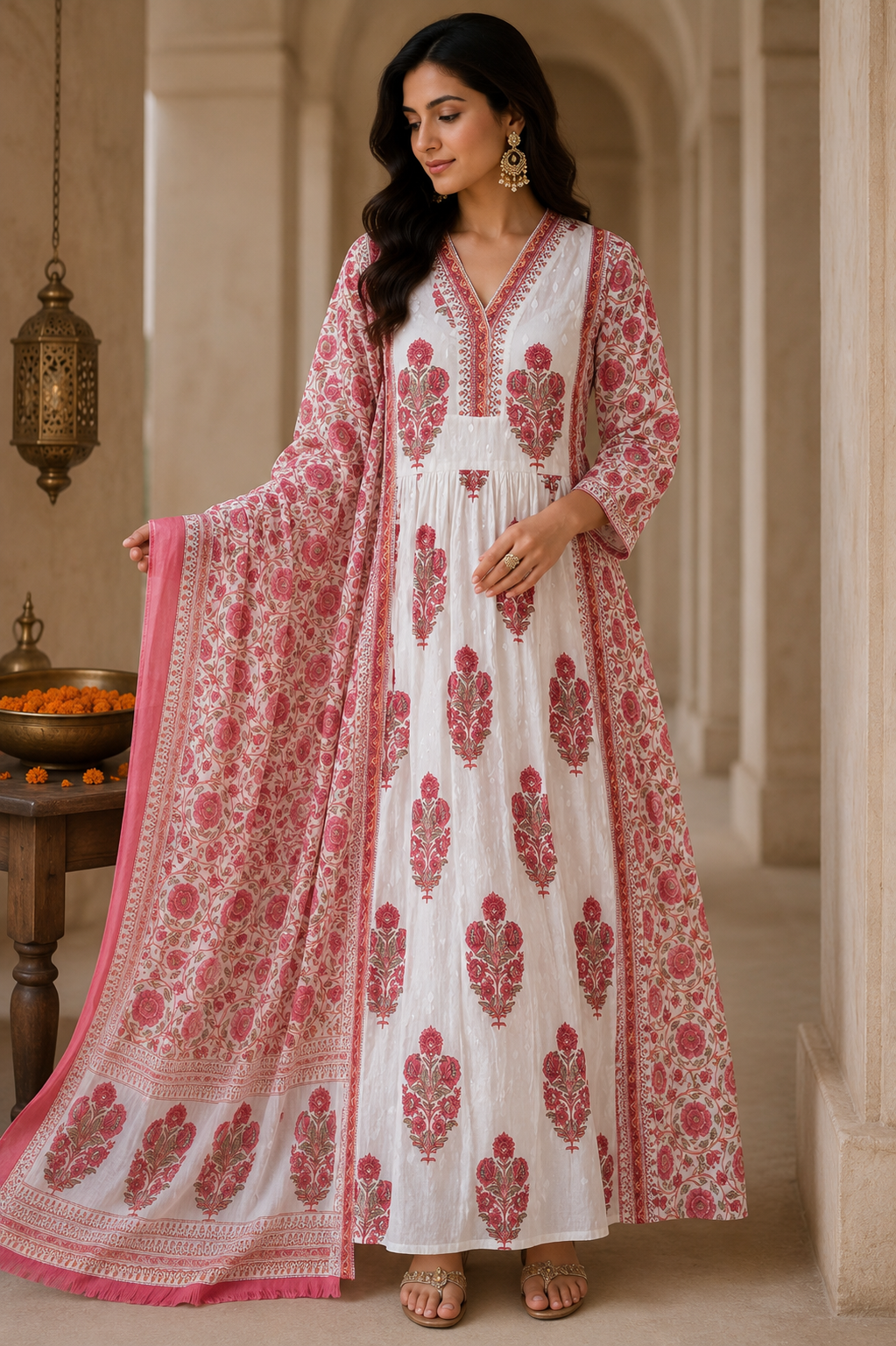 Rose Ivory Pure Cotton Long Suit with Dupatta